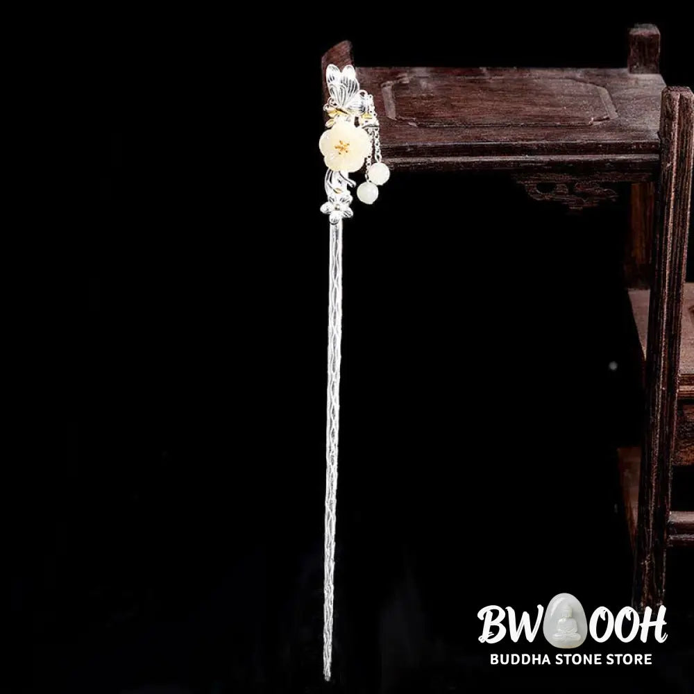 BWOOOH 925 Sterling Silver Hetian White Jade Flower Blessing Hairpin - Hetian White Jade (Protection ♥ Happiness)