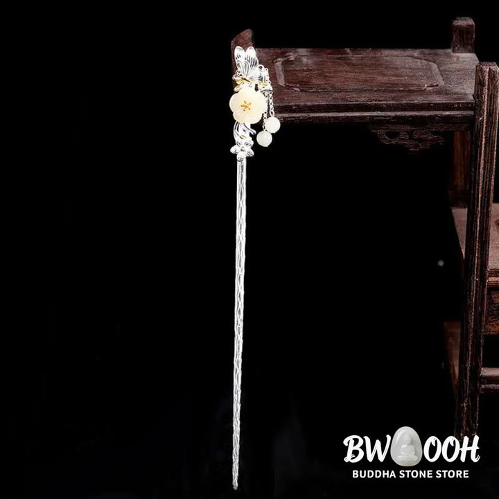BWOOOH 925 Sterling Silver Hetian White Jade Flower Blessing Hairpin - Hetian White Jade (Protection ♥ Happiness)