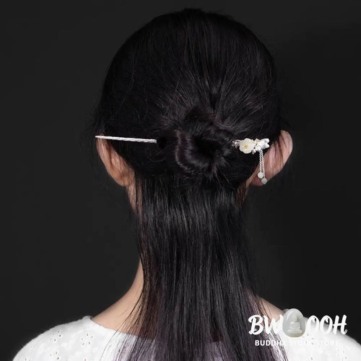BWOOOH 925 Sterling Silver Hetian White Jade Flower Blessing Hairpin - Hetian White Jade (Protection ♥ Happiness)