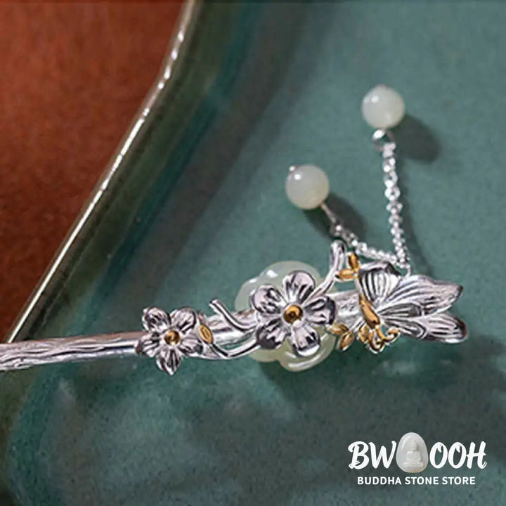 BWOOOH 925 Sterling Silver Hetian White Jade Flower Blessing Hairpin - Hetian White Jade (Protection ♥ Happiness)