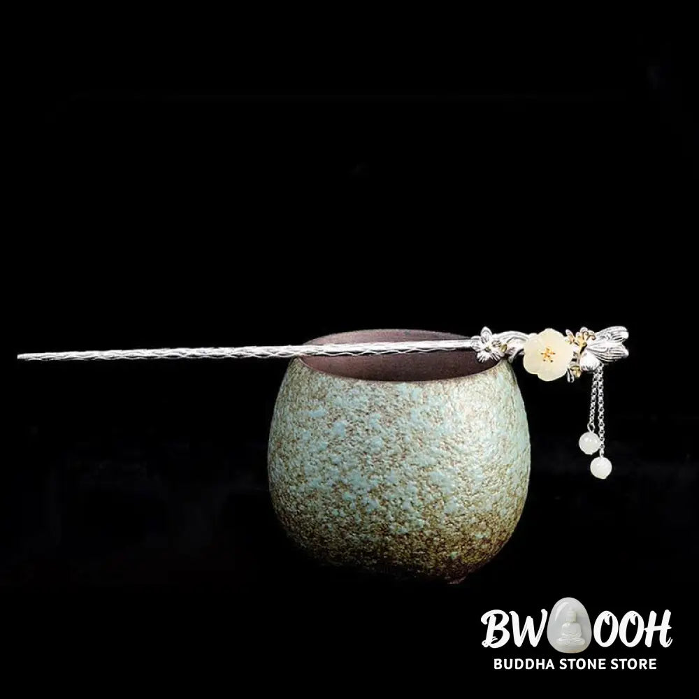 BWOOOH 925 Sterling Silver Hetian White Jade Flower Blessing Hairpin - Hetian White Jade (Protection ♥ Happiness)