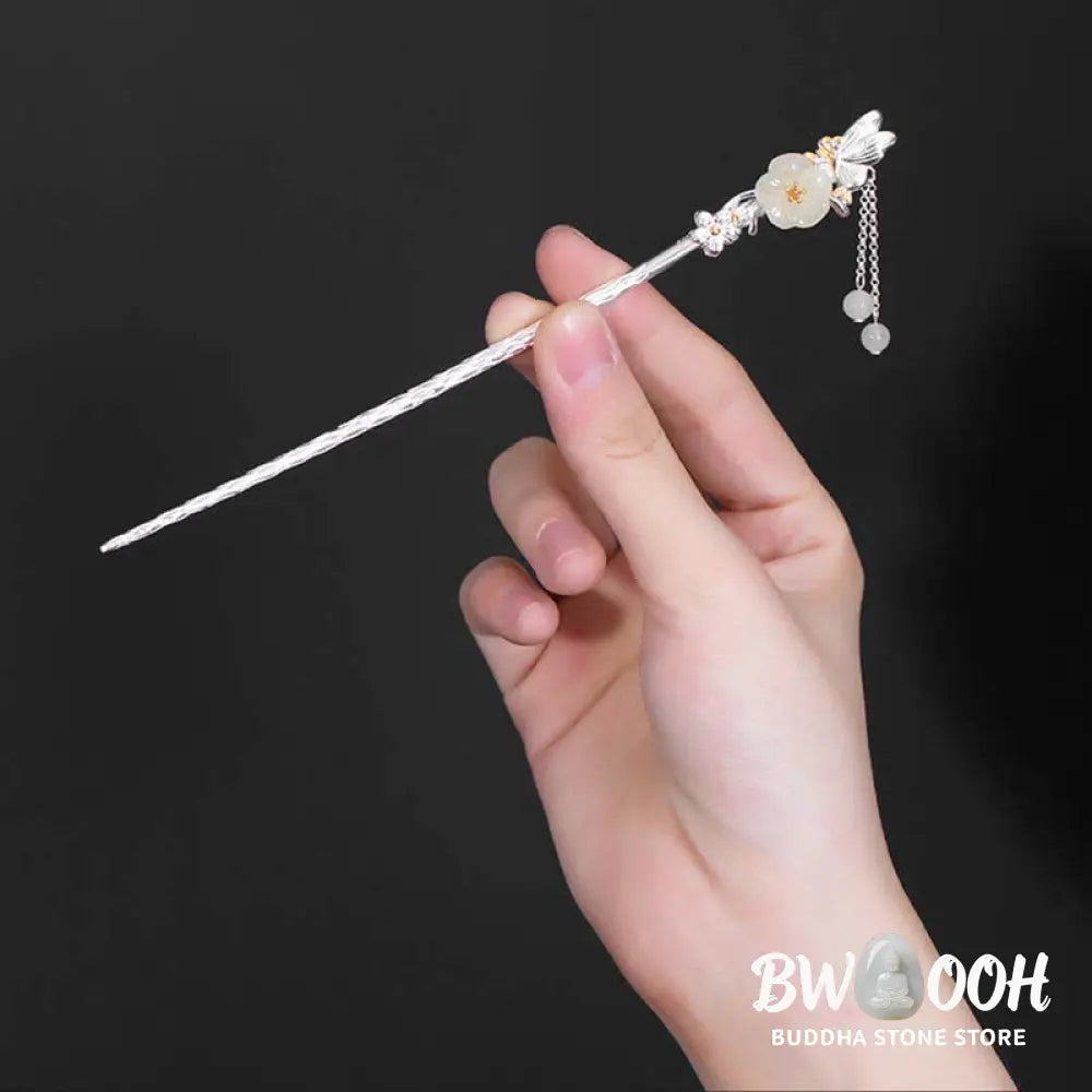BWOOOH 925 Sterling Silver Hetian White Jade Flower Blessing Hairpin - Hetian White Jade (Protection ♥ Happiness)