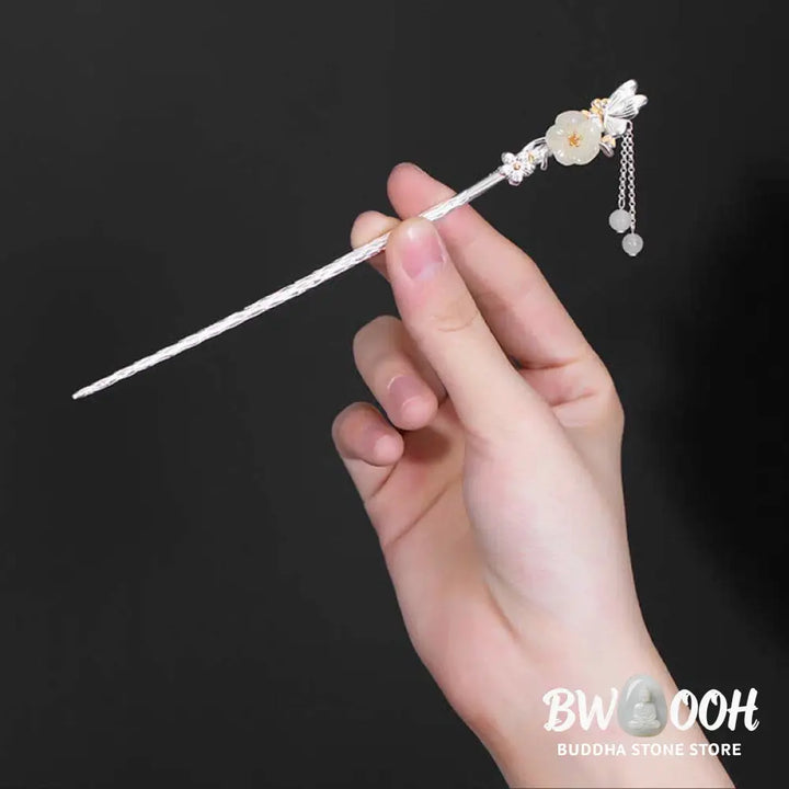 BWOOOH 925 Sterling Silver Hetian White Jade Flower Blessing Hairpin - Hetian White Jade (Protection ♥ Happiness)