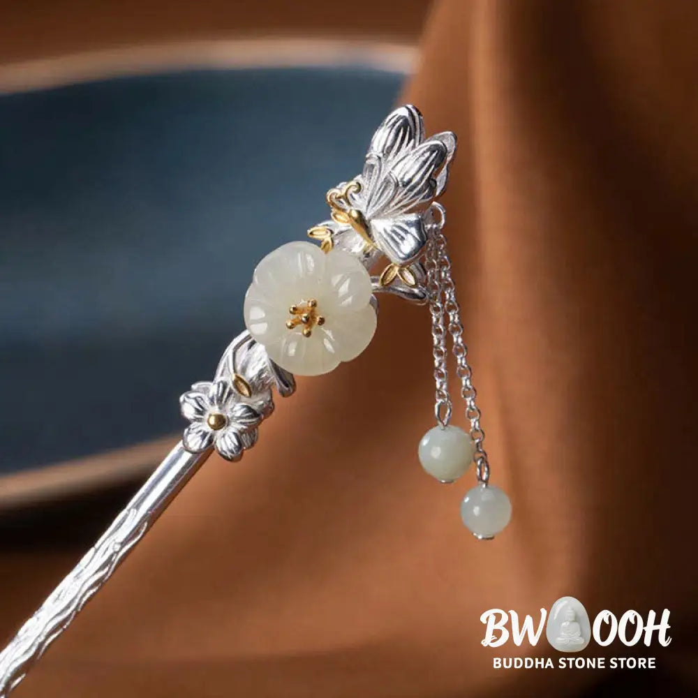 BWOOOH 925 Sterling Silver Hetian White Jade Flower Blessing Hairpin - Hetian White Jade (Protection ♥ Happiness)