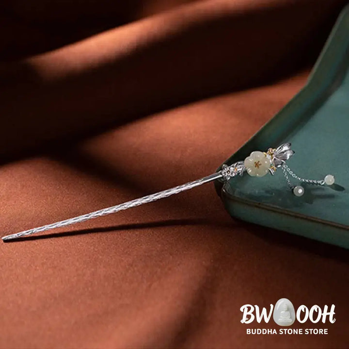 BWOOOH 925 Sterling Silver Hetian White Jade Flower Blessing Hairpin - Hetian White Jade (Protection ♥ Happiness)
