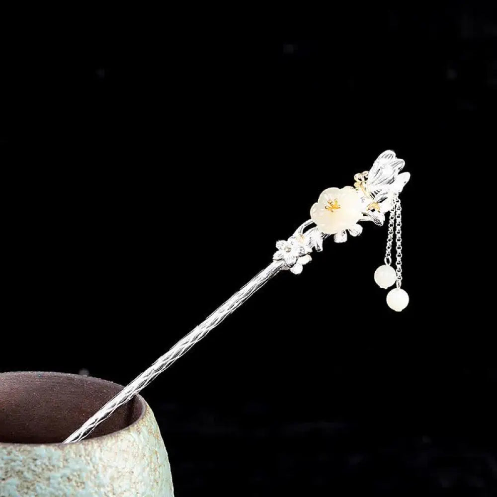 BWOOOH 925 Sterling Silver Hetian White Jade Flower Bless
