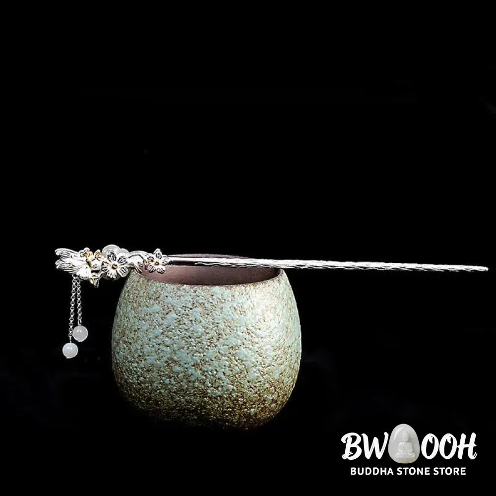 BWOOOH 925 Sterling Silver Hetian White Jade Flower Blessing Hairpin - Hetian White Jade (Protection ♥ Happiness)