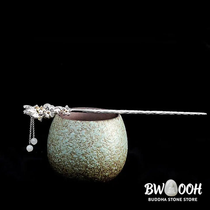 BWOOOH 925 Sterling Silver Hetian White Jade Flower Blessing Hairpin - Hetian White Jade (Protection ♥ Happiness)