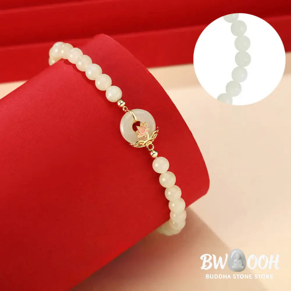 BWOOOH 925 Sterling Silver Hetian White Jade Lotus Symbol Peace Buckle Harmony Beaded Bracelet - Lotus / Hetian White
