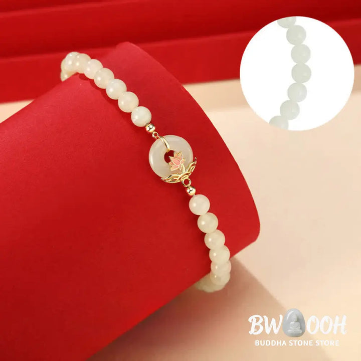 BWOOOH 925 Sterling Silver Hetian White Jade Lotus Symbol Peace Buckle Harmony Beaded Bracelet - Lotus / Hetian White