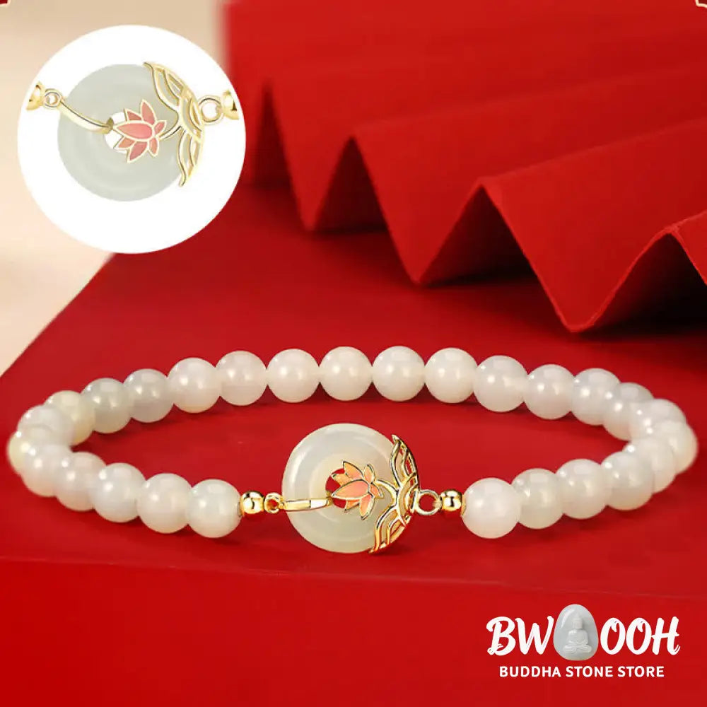 BWOOOH 925 Sterling Silver Hetian White Jade Lotus Symbol Peace Buckle Harmony Beaded Bracelet - Lotus / Hetian White