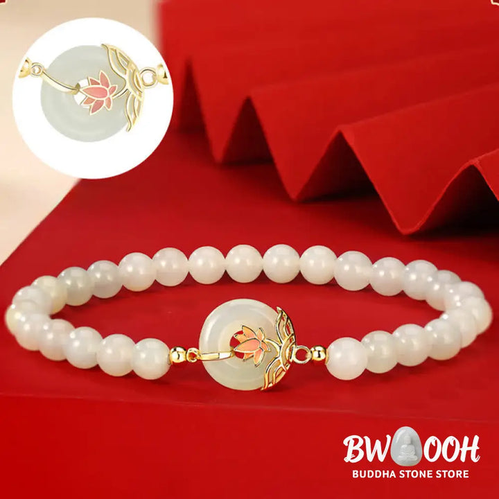 BWOOOH 925 Sterling Silver Hetian White Jade Lotus Symbol Peace Buckle Harmony Beaded Bracelet - Lotus / Hetian White