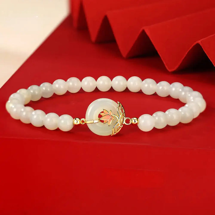 BWOOOH 925 Sterling Silver Hetian White Jade Lotus Symbol Peace Buckle Harmony Beaded Bracelet spiritual jewelry piece