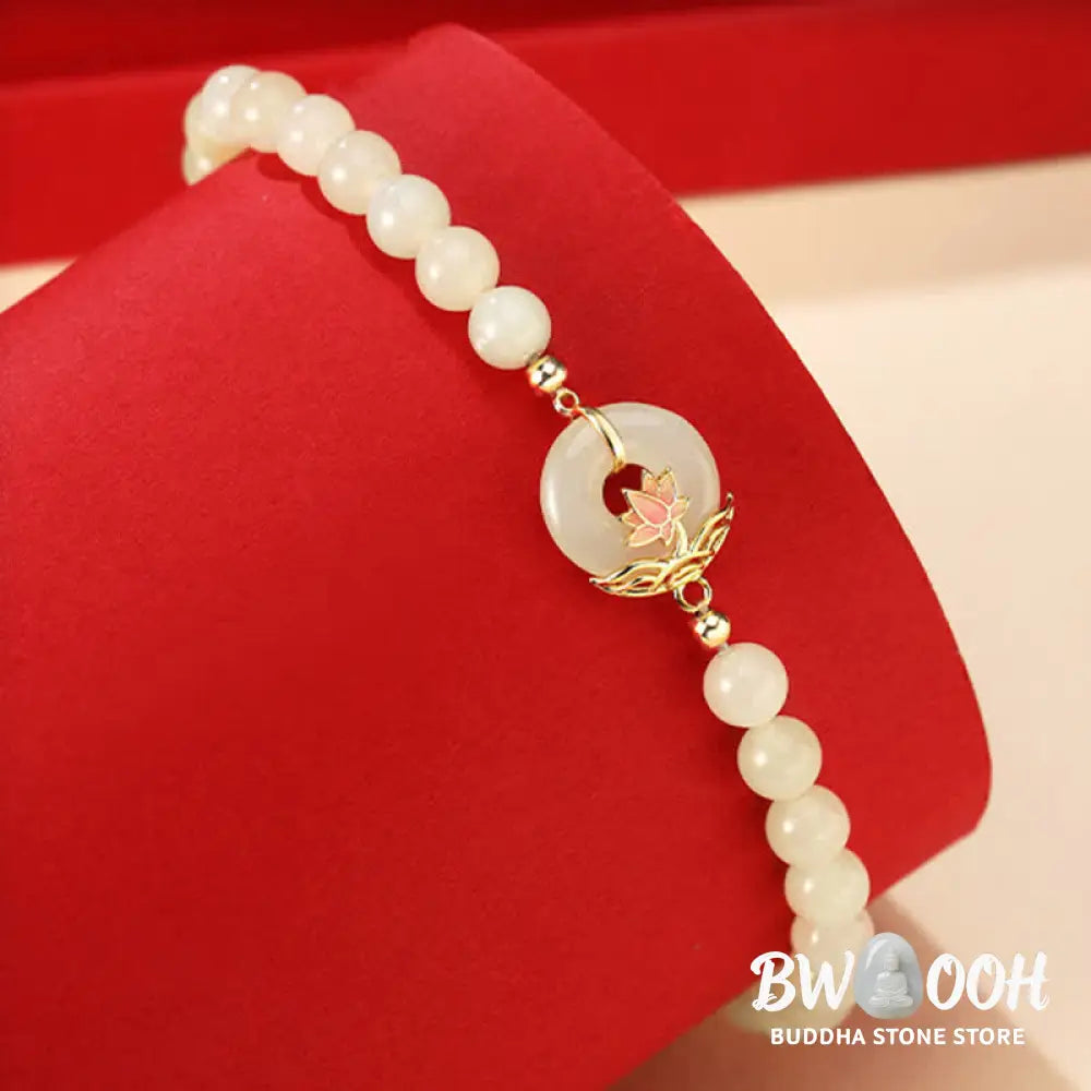 BWOOOH 925 Sterling Silver Hetian White Jade Lotus Symbol Peace Buckle Harmony Beaded Bracelet - Lotus / Hetian White