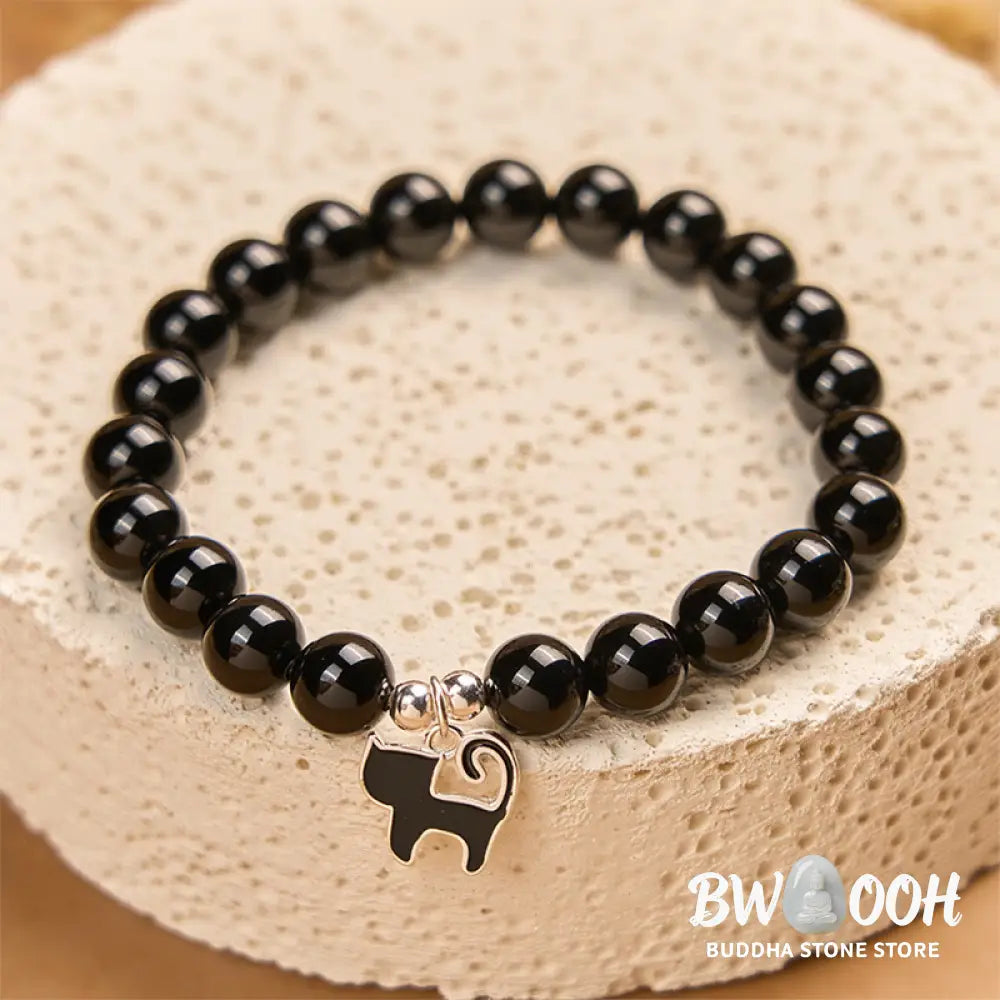 BWOOOH 925 Sterling Silver Kitten Charm Black Cat Natural Black Onyx Protection Bracelet - Black Onyx(Wrist