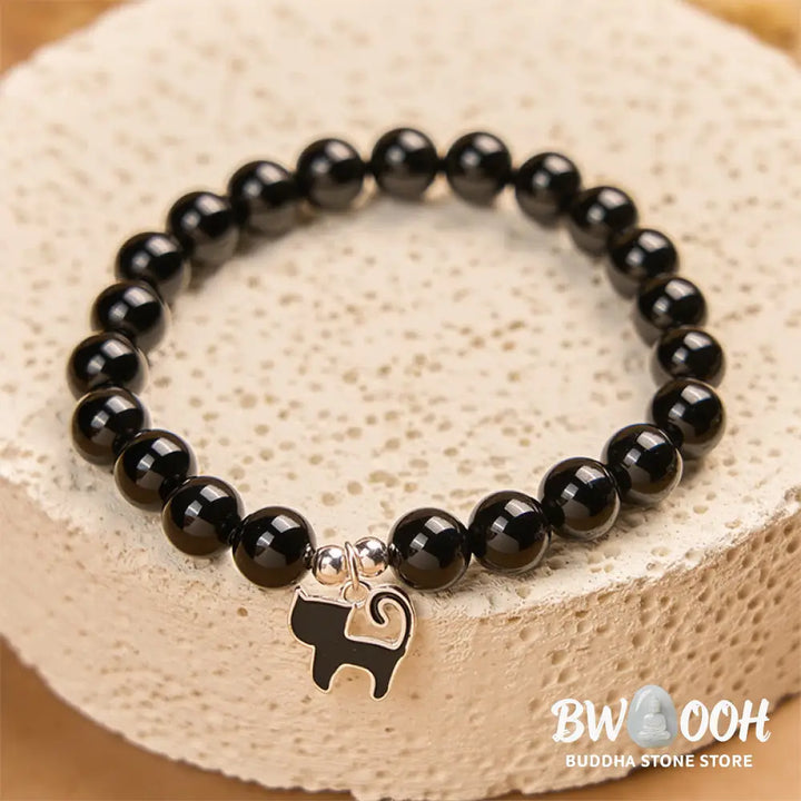 BWOOOH 925 Sterling Silver Kitten Charm Black Cat Natural Black Onyx Protection Bracelet - Black Onyx(Wrist
