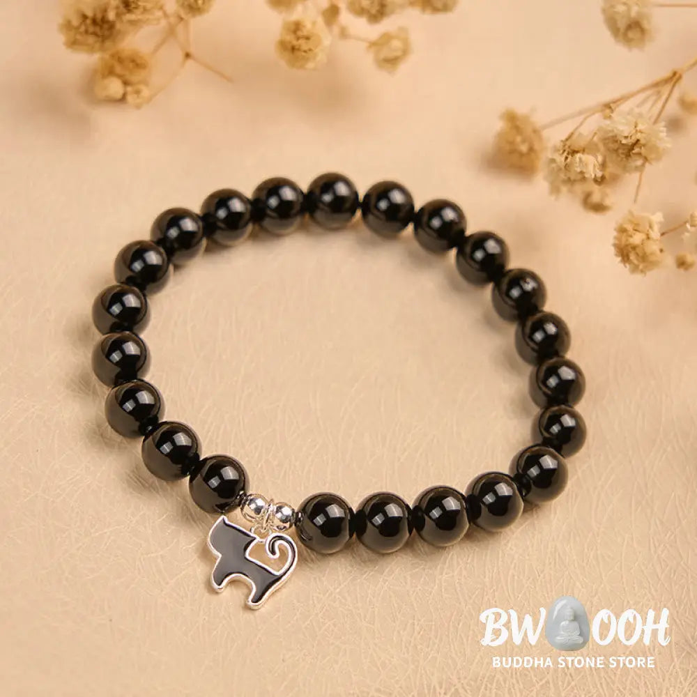 BWOOOH 925 Sterling Silver Kitten Charm Black Cat Natural Black Onyx Protection Bracelet - Black Onyx(Wrist
