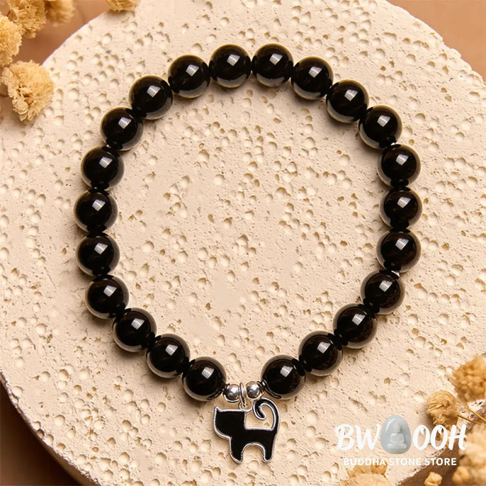 BWOOOH 925 Sterling Silver Kitten Charm Black Cat Natural Black Onyx Protection Bracelet - Black Onyx(Wrist