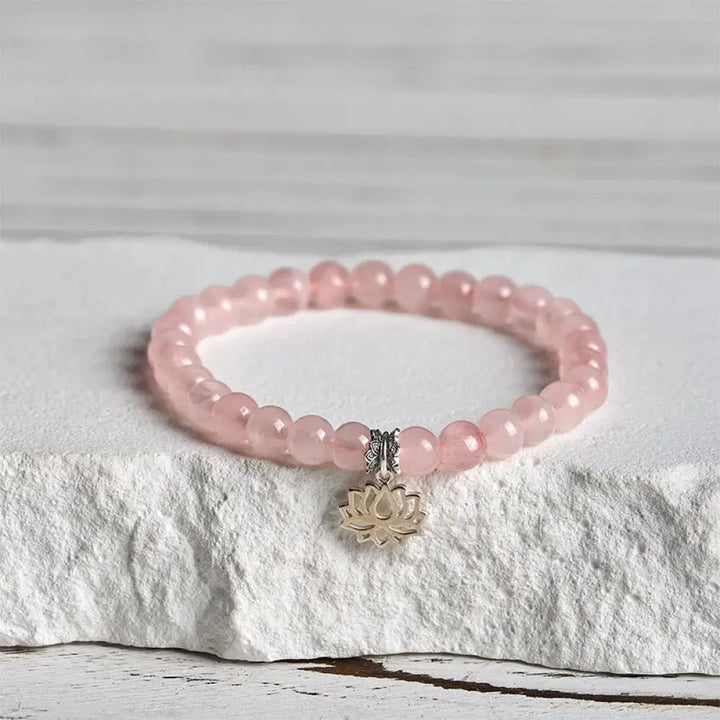 BWOOOH 925 Sterling Silver Lotus Design Natural Pink Crystal Soothing Bracelet - 15cm / 6mm - Bracelet
