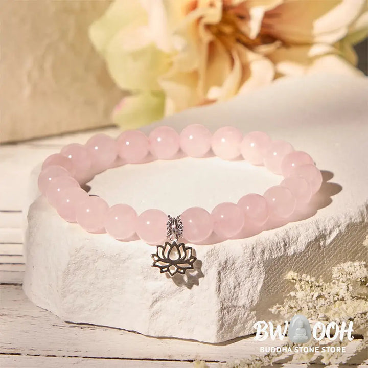 BWOOOH 925 Sterling Silver Lotus Design Natural Pink Crystal Soothing Bracelet - Bracelet