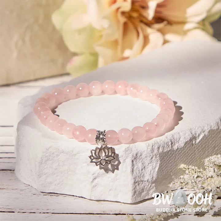 BWOOOH 925 Sterling Silver Lotus Design Natural Pink Crystal Soothing Bracelet - Bracelet