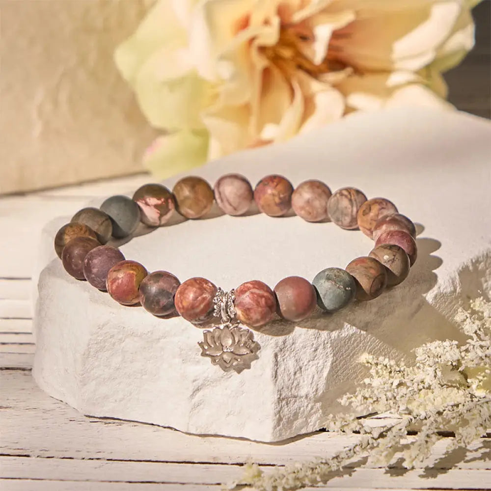 BWOOOH 925 Sterling Silver Lotus Design Picasso Jasper Positive Bracelet spiritual jewelry piece