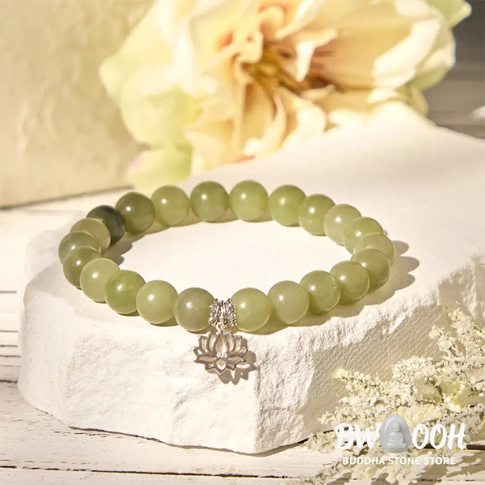 BWOOOH 925 Sterling Silver Lotus Natural Cyan Jade Luck Bracelet - 16cm - Bracelet