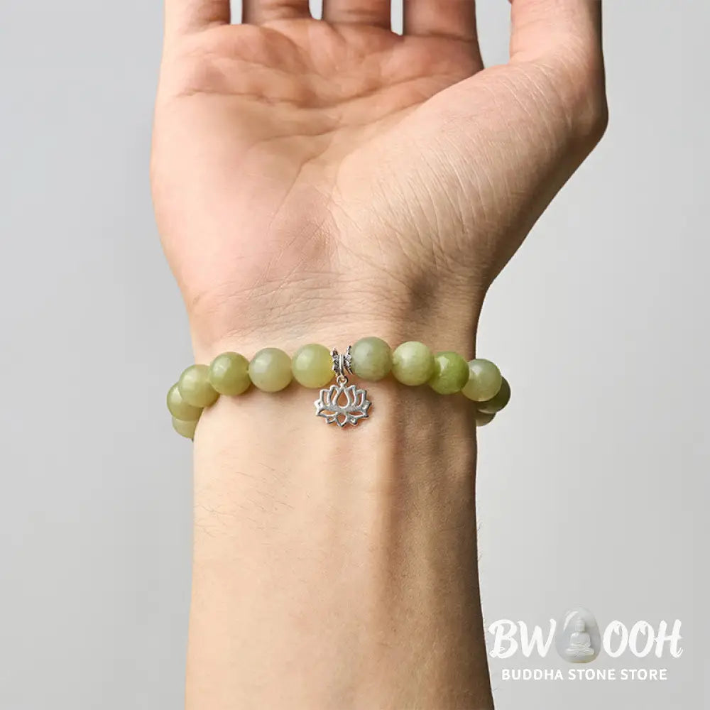 BWOOOH 925 Sterling Silver Lotus Natural Cyan Jade Luck Bracelet - 16cm - Bracelet