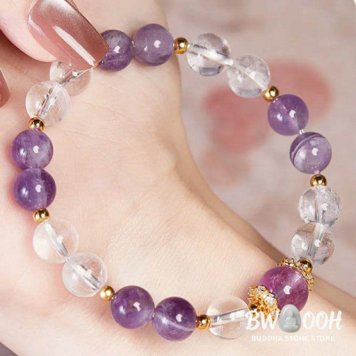 BWOOOH 925 Sterling Silver Natural Amethyst White Crystal Balance Bracelet - Amethyst(Wrist Circumference:17-19cm)
