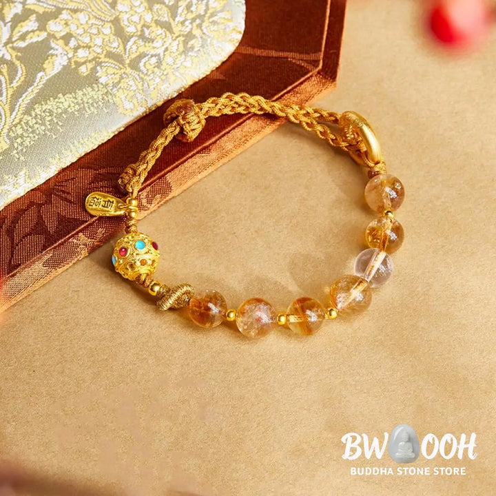 BWOOOH 925 Sterling Silver Natural Citrine White Crystal Peace Buckle Meaning Fu Character Protection Braided String