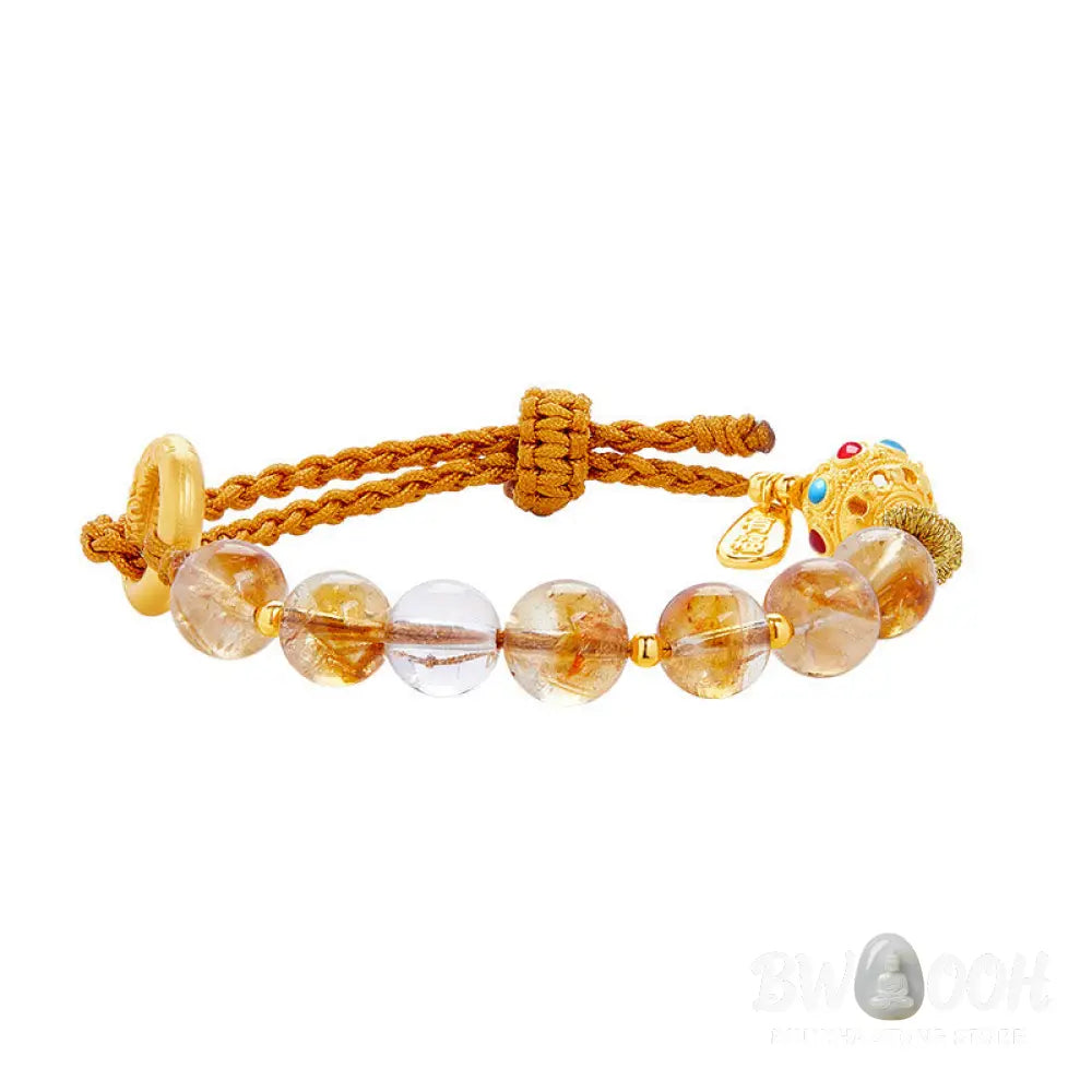 BWOOOH 925 Sterling Silver Natural Citrine White Crystal Peace Buckle Meaning Fu Character Protection Braided String