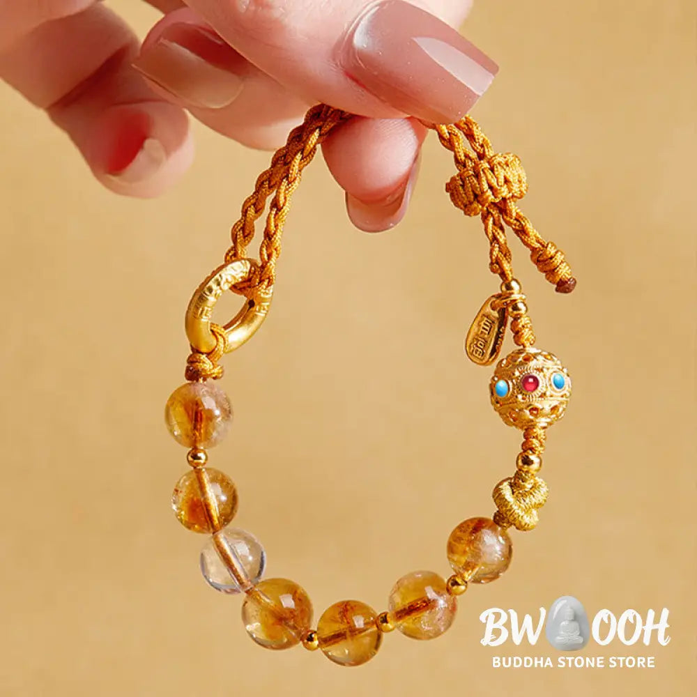 BWOOOH 925 Sterling Silver Natural Citrine White Crystal Peace Buckle Meaning Fu Character Protection Braided String