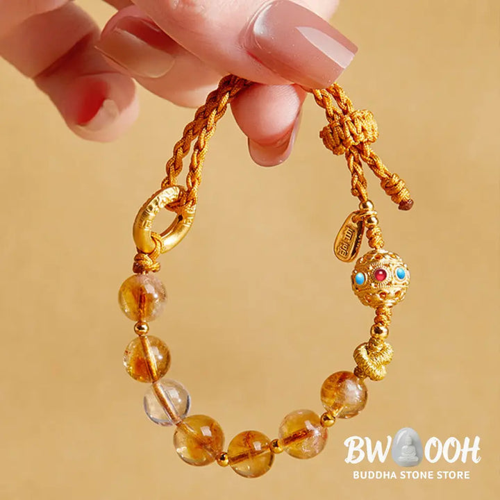 BWOOOH 925 Sterling Silver Natural Citrine White Crystal Peace Buckle Meaning Fu Character Protection Braided String