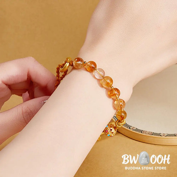BWOOOH 925 Sterling Silver Natural Citrine White Crystal Peace Buckle Meaning Fu Character Protection Braided String