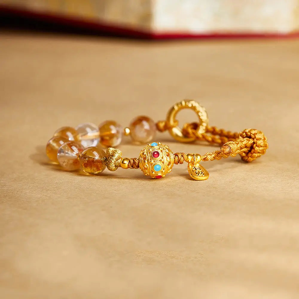BWOOOH 925 Sterling Silver Natural Citrine White Crystal Peace Buckle Meaning Fu Character Protection Braided String Bracelet spiritual jewelry inspired by Drolma