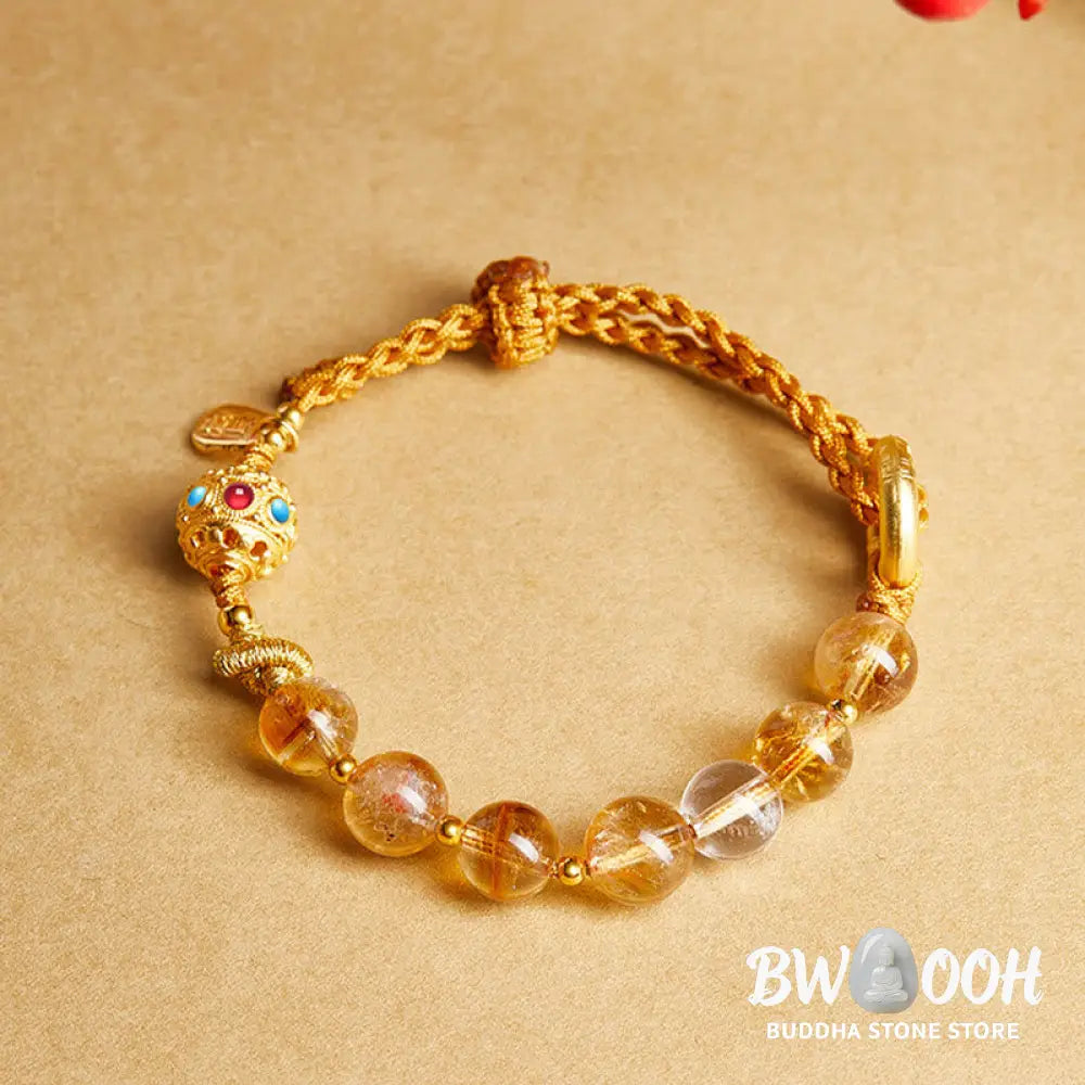 BWOOOH 925 Sterling Silver Natural Citrine White Crystal Peace Buckle Meaning Fu Character Protection Braided String