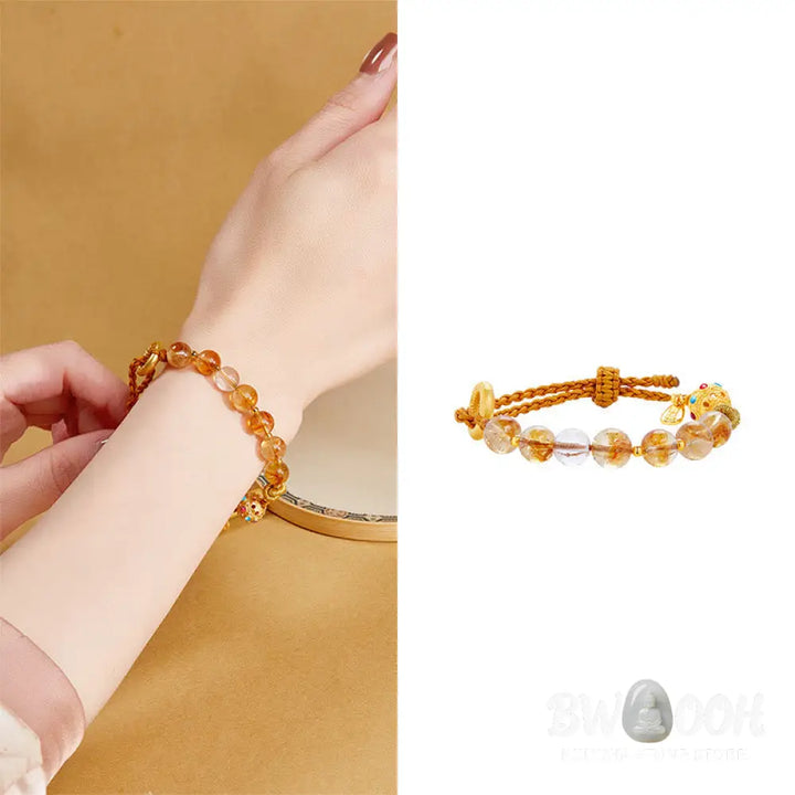 BWOOOH 925 Sterling Silver Natural Citrine White Crystal Peace Buckle Meaning Fu Character Protection Braided String