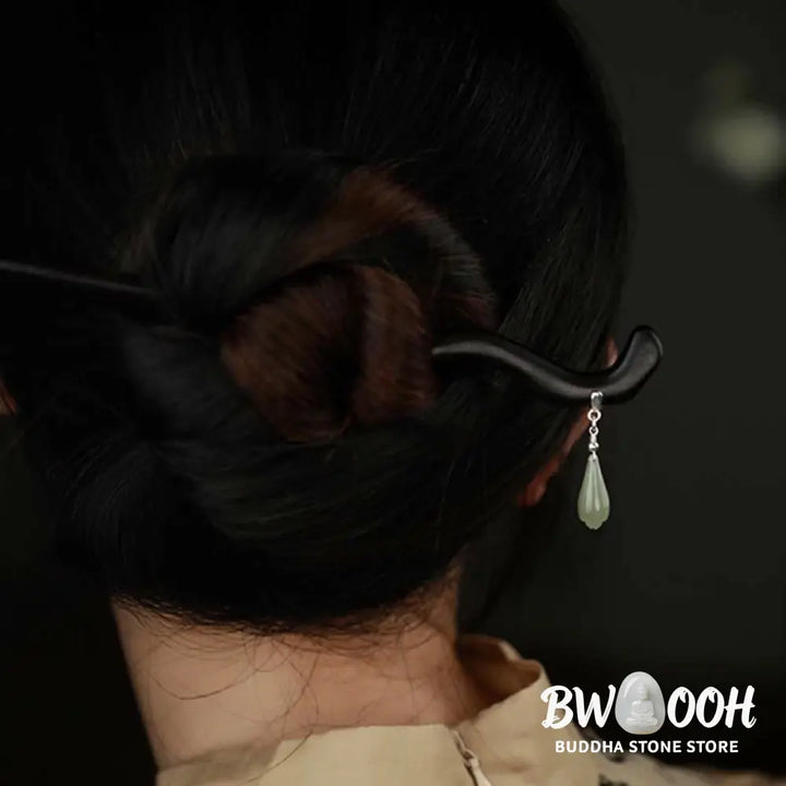 BWOOOH 925 Sterling Silver Natural Hetian Jade Ebony Wood Luck Charm Hairpin - Hetian Jade (Prosperity ♥ Abundance)
