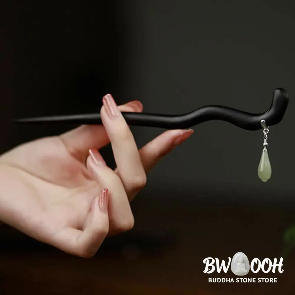 BWOOOH 925 Sterling Silver Natural Hetian Jade Ebony Wood Luck Charm Hairpin - Hetian Jade (Prosperity ♥ Abundance)