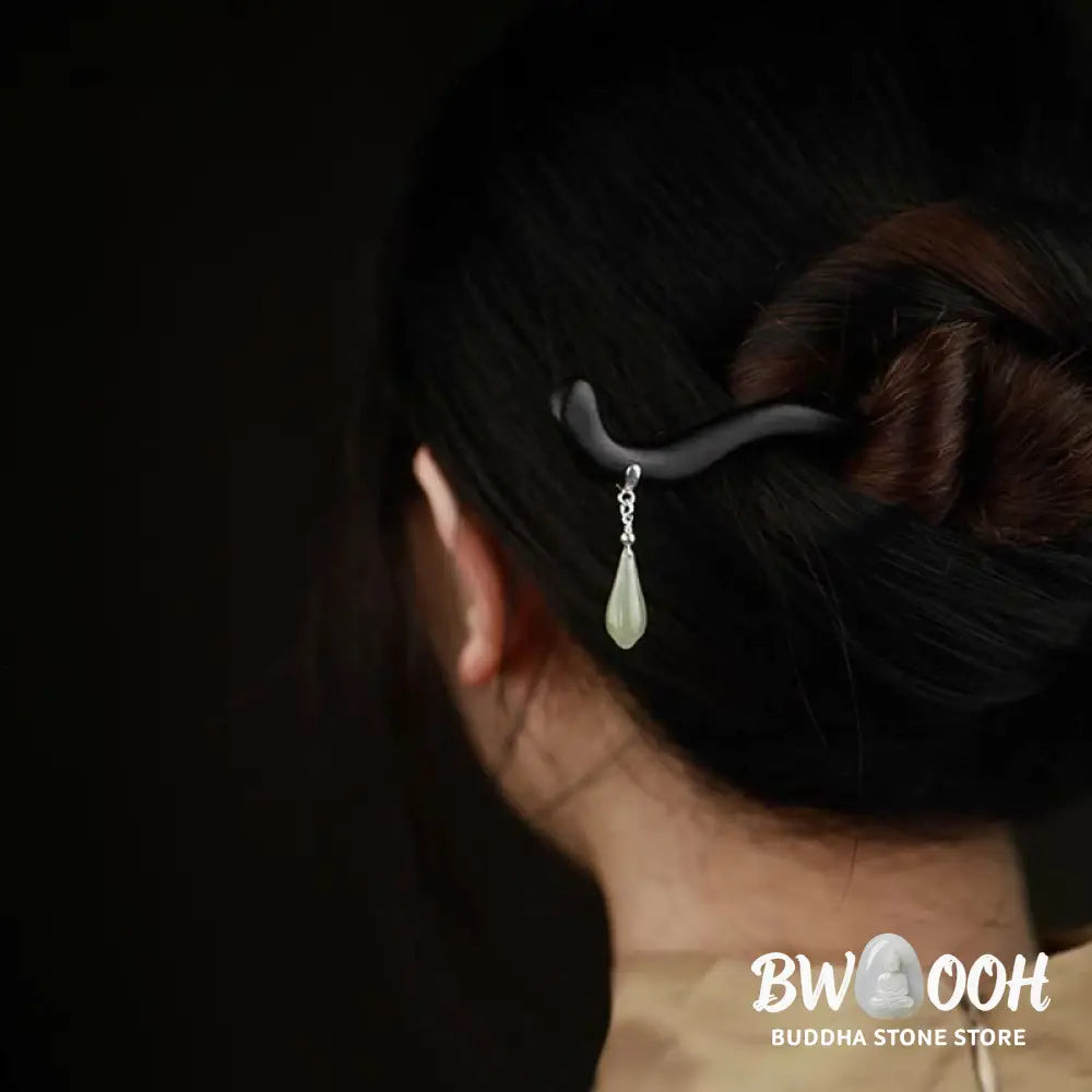 BWOOOH 925 Sterling Silver Natural Hetian Jade Ebony Wood Luck Charm Hairpin - Hetian Jade (Prosperity ♥ Abundance)