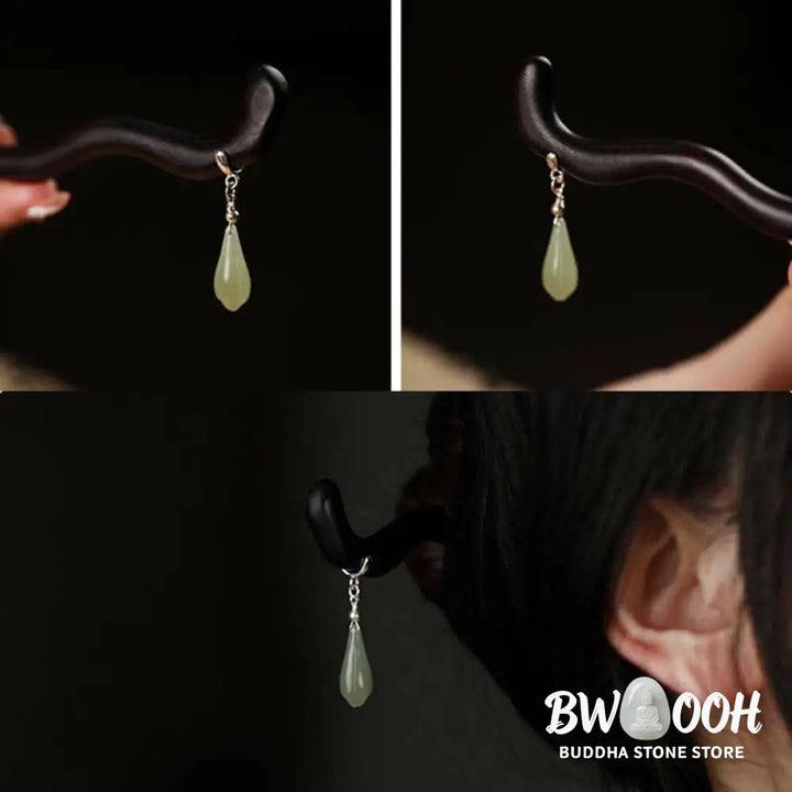 BWOOOH 925 Sterling Silver Natural Hetian Jade Ebony Wood Luck Charm Hairpin - Hetian Jade (Prosperity ♥ Abundance)