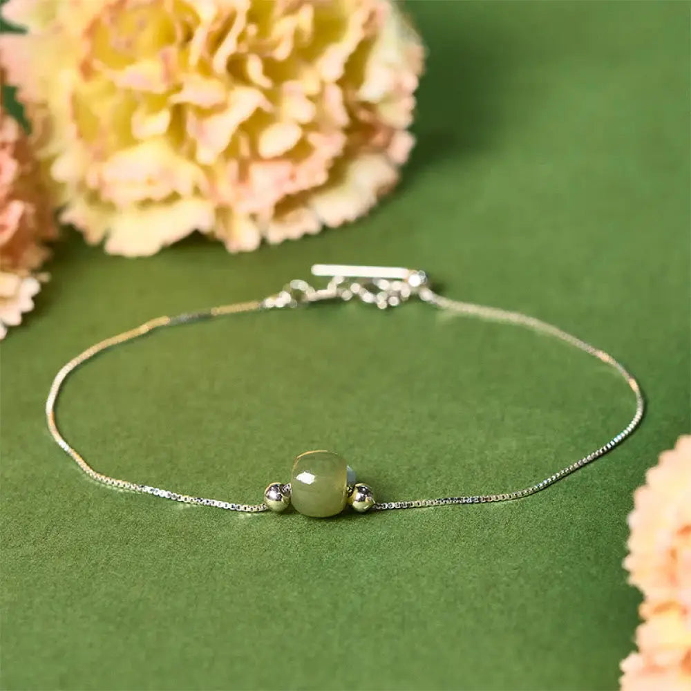 BWOOOH 925 Sterling Silver Natural Jade Bead Abundance Chain Bracelet - Dark Green Jade / 925 Sterling Silver Chain