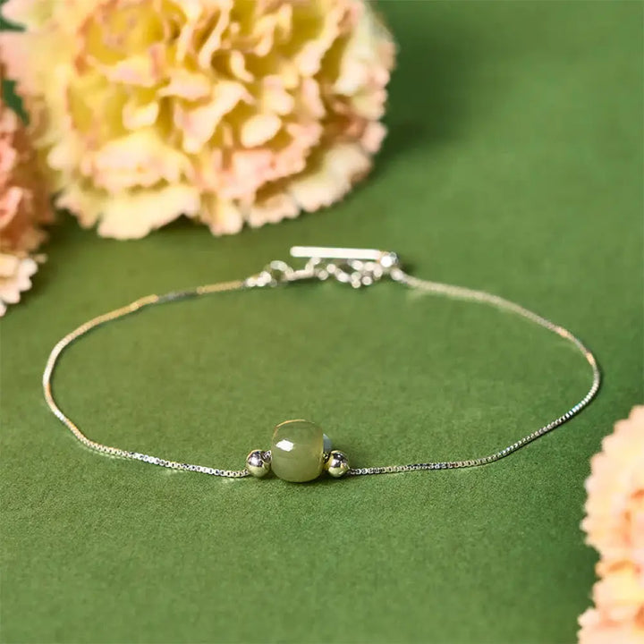 BWOOOH 925 Sterling Silver Natural Jade Bead Abundance Chain Bracelet - Dark Green Jade / 925 Sterling Silver Chain