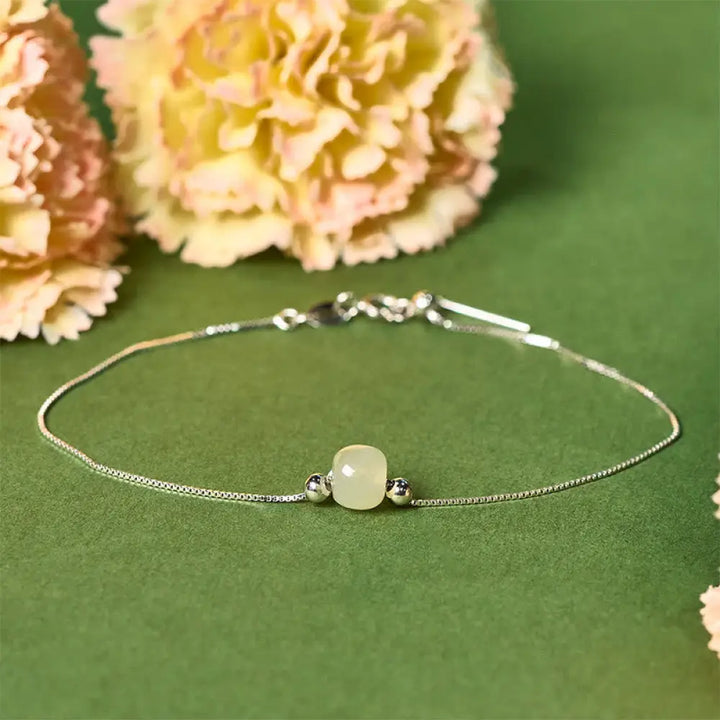 BWOOOH 925 Sterling Silver Natural Jade Bead Abundance Chain Bracelet - Light Green Jade / 925 Sterling Silver Chain