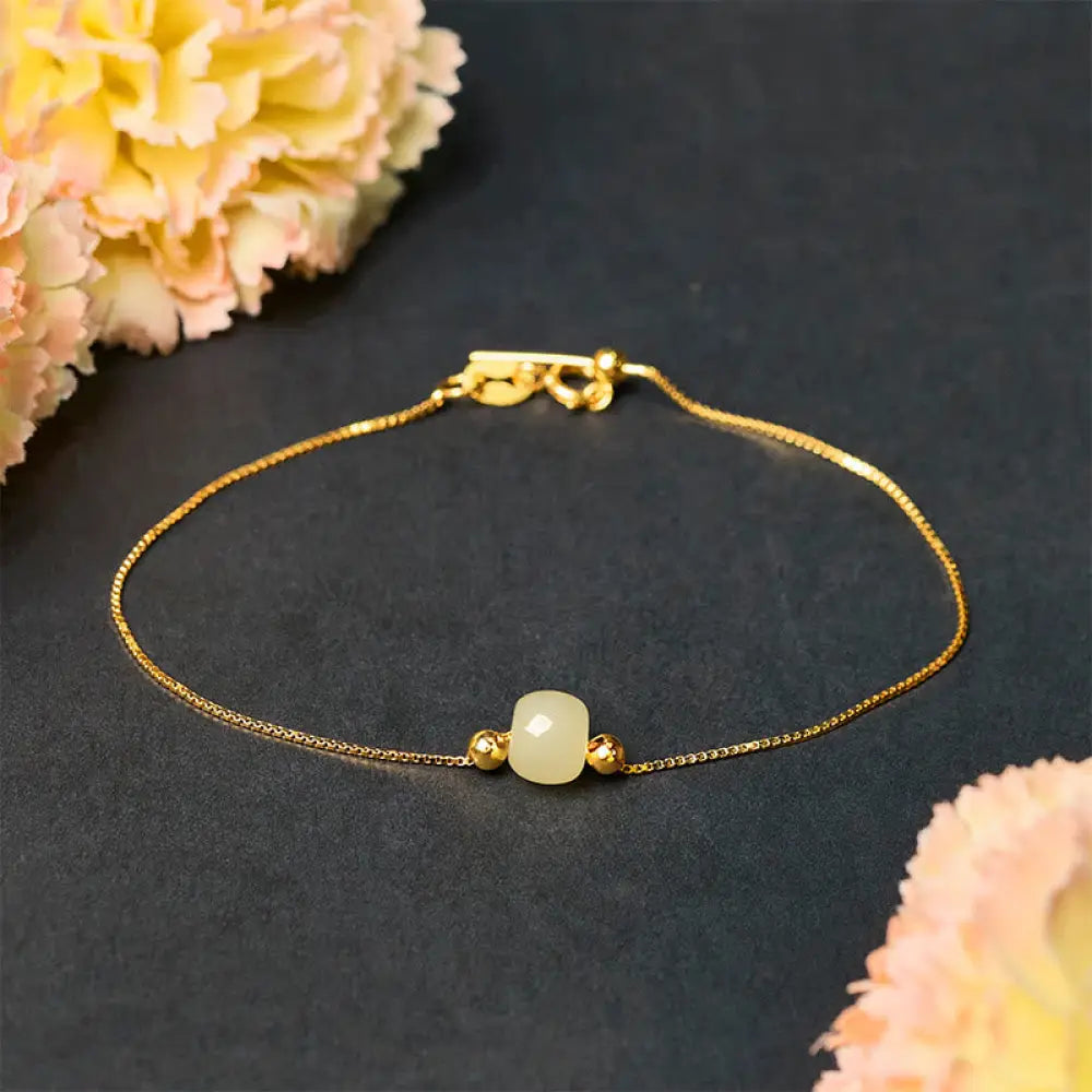 BWOOOH 925 Sterling Silver Natural Jade Bead Abundance Chain Bracelet - Light Green Jade / 925 Sterling Silver Plated