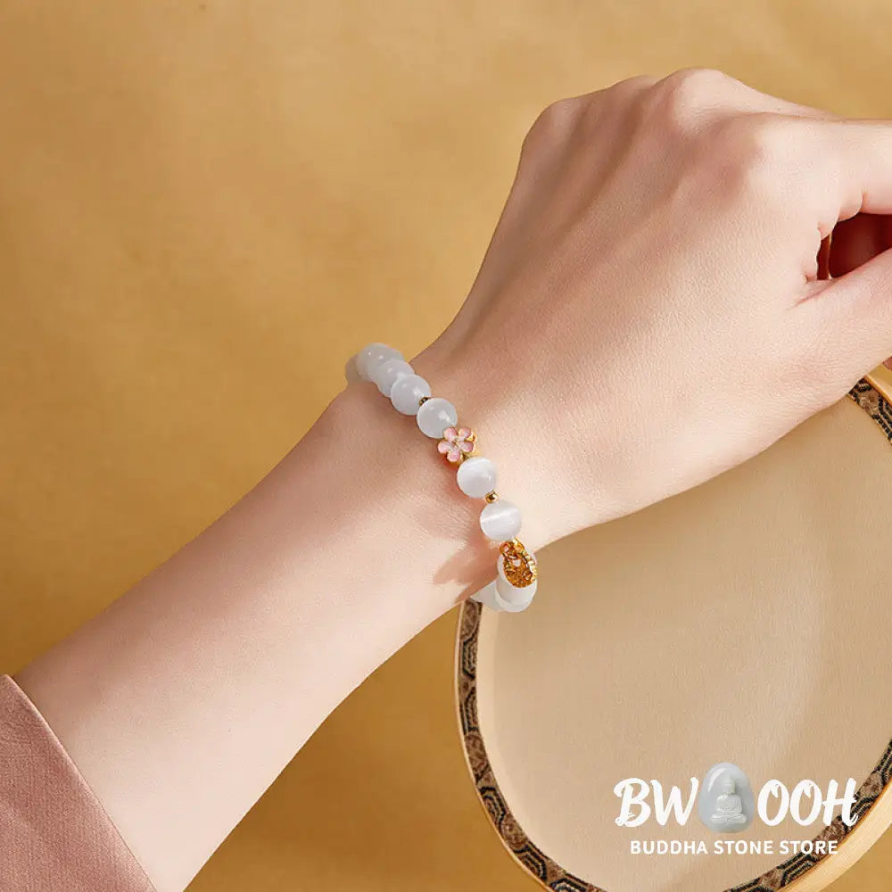 BWOOOH 925 Sterling Silver Natural Peach Blossom White Cat’s Eye Positive Bracelet - White Cat’s Eye(Wrist