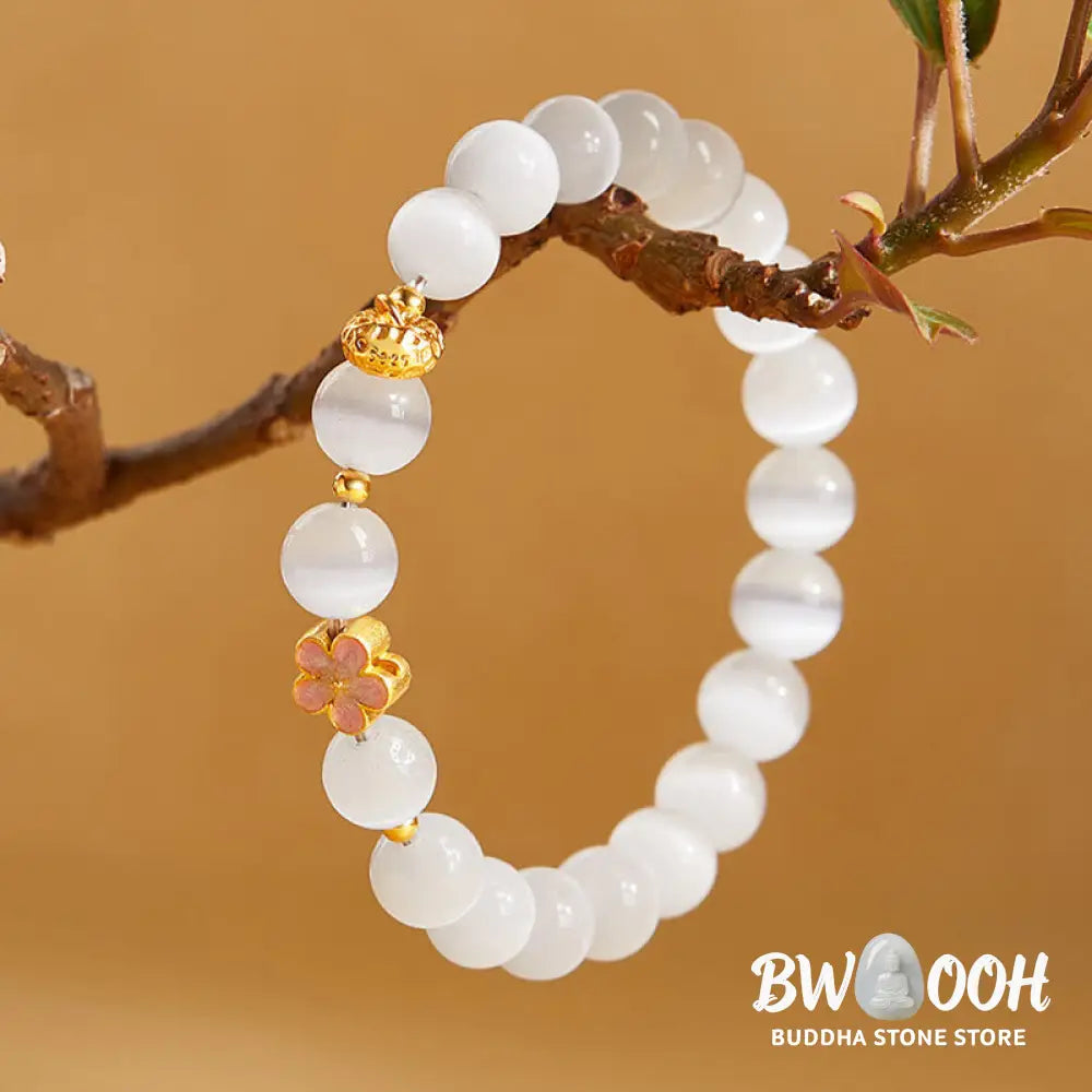 BWOOOH 925 Sterling Silver Natural Peach Blossom White Cat’s Eye Positive Bracelet - White Cat’s Eye(Wrist