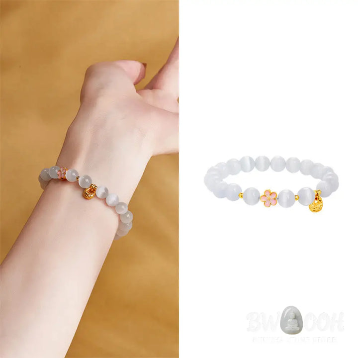 BWOOOH 925 Sterling Silver Natural Peach Blossom White Cat’s Eye Positive Bracelet - White Cat’s Eye(Wrist