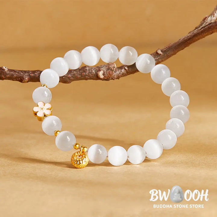 BWOOOH 925 Sterling Silver Natural Peach Blossom White Cat’s Eye Positive Bracelet - White Cat’s Eye(Wrist