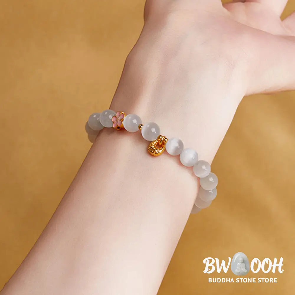 BWOOOH 925 Sterling Silver Natural Peach Blossom White Cat’s Eye Positive Bracelet - White Cat’s Eye(Wrist